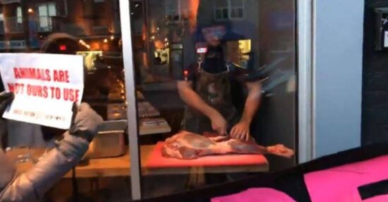 Prepara y come carne frente a manifestantes veganos